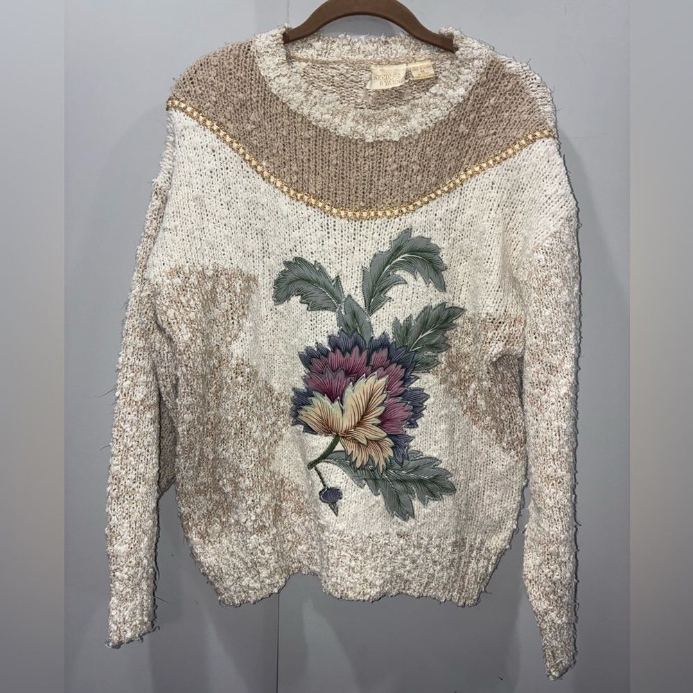Vintage Needles & Yarn Chunky Knit Sweater Beige Floral Textured Boho Medium
